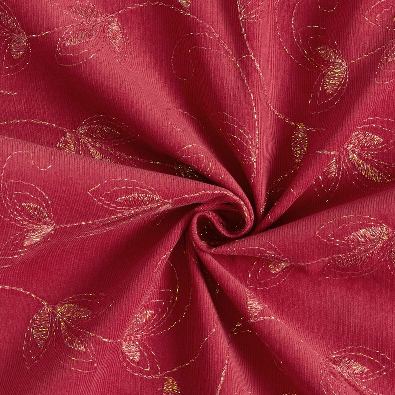 Feincord Glitzerstickerei Blumen – karminrot,  image number 4