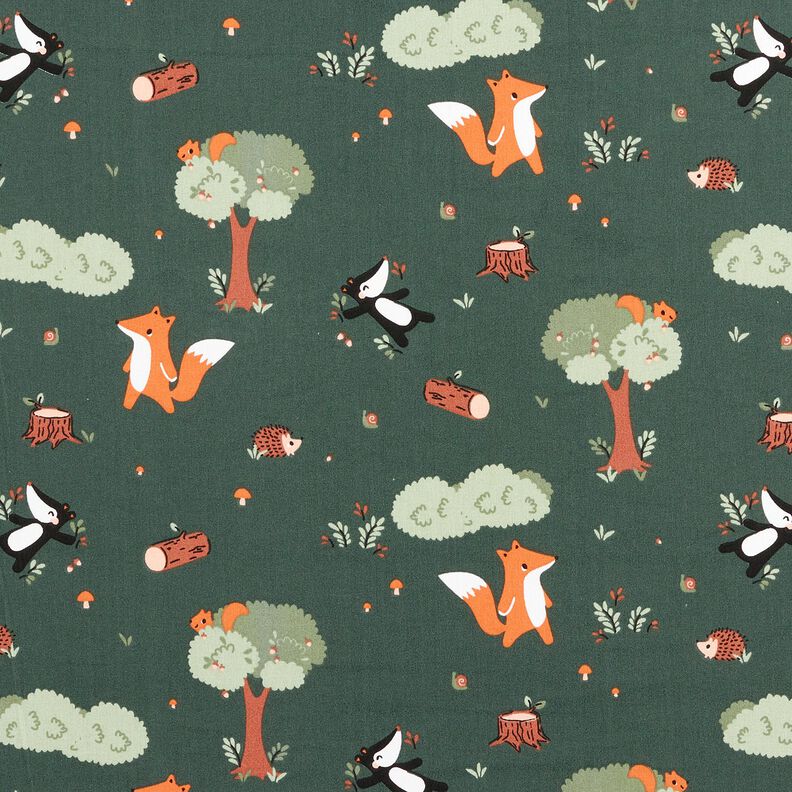 Baumwollpopeline fröhliche Waldtiere – dunkelgrün/pfirsichorange, image number 1