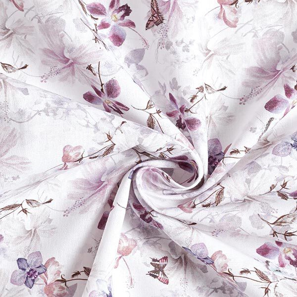 Dekostoff Baumwollpopeline Schmetterlinge & Orchideen – pastellviolett