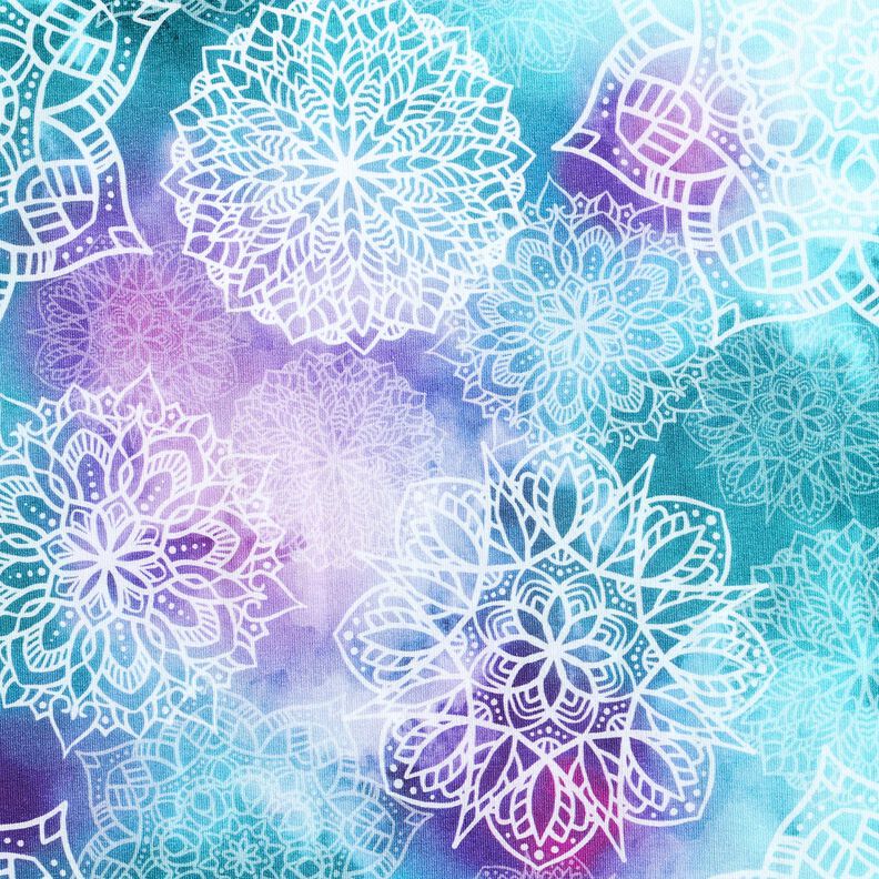 French Terry Sommersweat Regenbogenmandalas | Glitzerpüppi – hellpetrol/lavendel,  image number 1