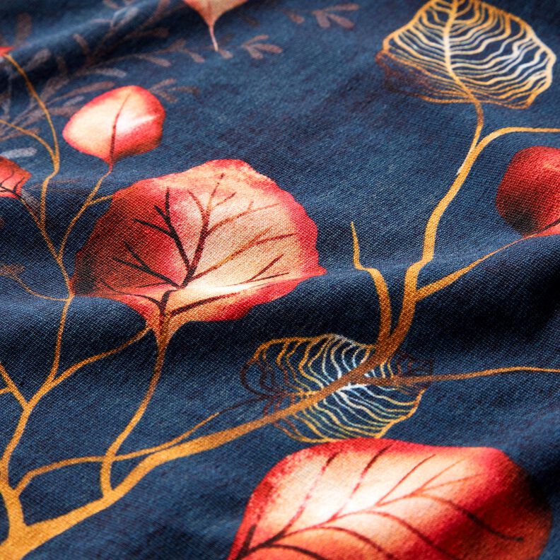 French Terry Bordürenstoff Herbstblätter | Glitzerpüppi – marineblau/pfirsichorange,  image number 6