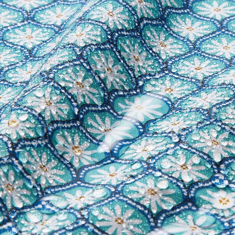 Beschichtete Baumwolle Blumenkacheln – aquablau/weiss, image number 6