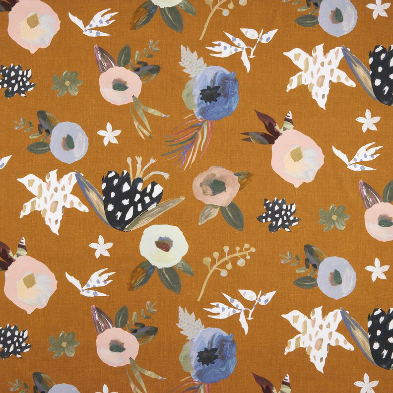 Dekostoff Halbpanama große Retroblumen – karamell/hellkhaki, image number 1