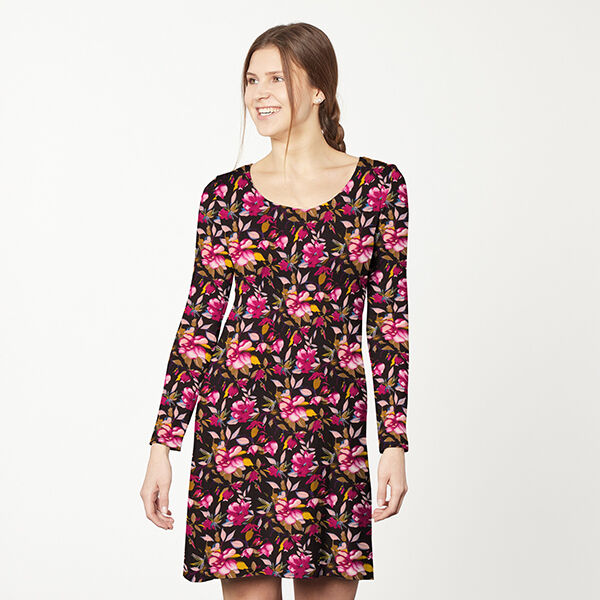 Viskosejersey wunderschöne Blumen – schwarz/violett | Reststück 120cm