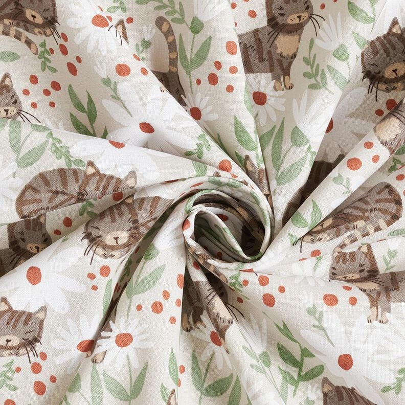 Baumwollstoff Cretonne Katzen in der Blumenwiese – silbergrau, image number 3
