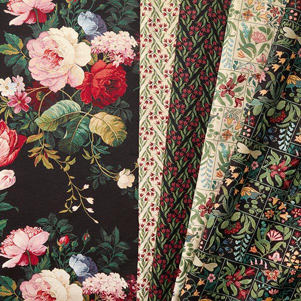 Dekostoff Gobelin Glockenblume – schwarz/karminrot
