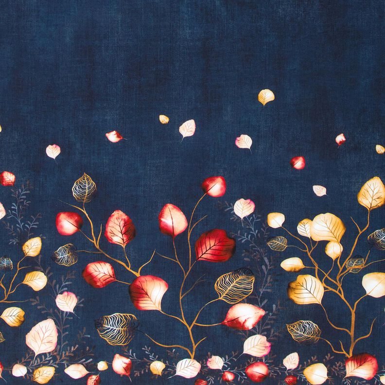 French Terry Bordürenstoff Herbstblätter | Glitzerpüppi – marineblau/pfirsichorange,  image number 1