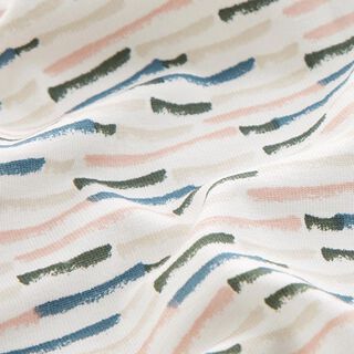 Baumwolljersey abstraktes Strichmuster – wollweiss/jeansblau, 