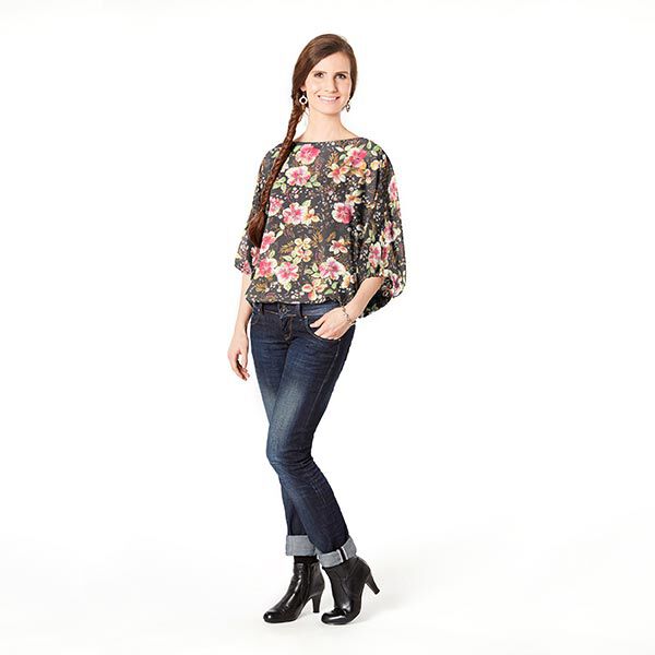 Chiffon exotische Blumen – schwarz | Reststück 50cm