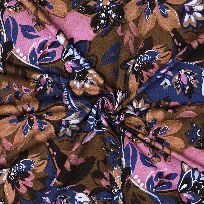 French Terry Sommersweat gemalte Blumen Digitaldruck – indigo/maronenbraun, image number 3