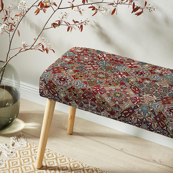 Dekostoff Gobelin verschlungene Ornamente – hellbeige/karminrot