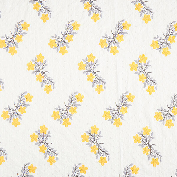 Baumwollstoff Lochstickerei Blumen – weiss/gelb | Reststück 50cm