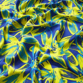 Crêpe Satin große Kamilleblüten – indigo/zitronengelb, 