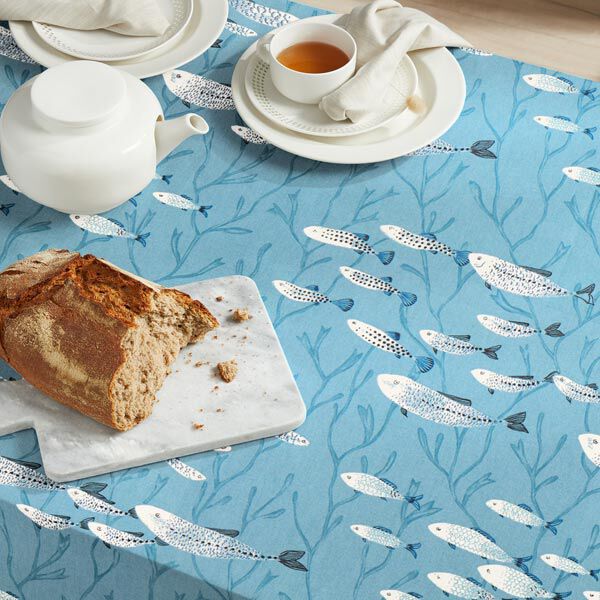Dekostoff Halbpanama Fische – blaugrau | Reststück 100cm