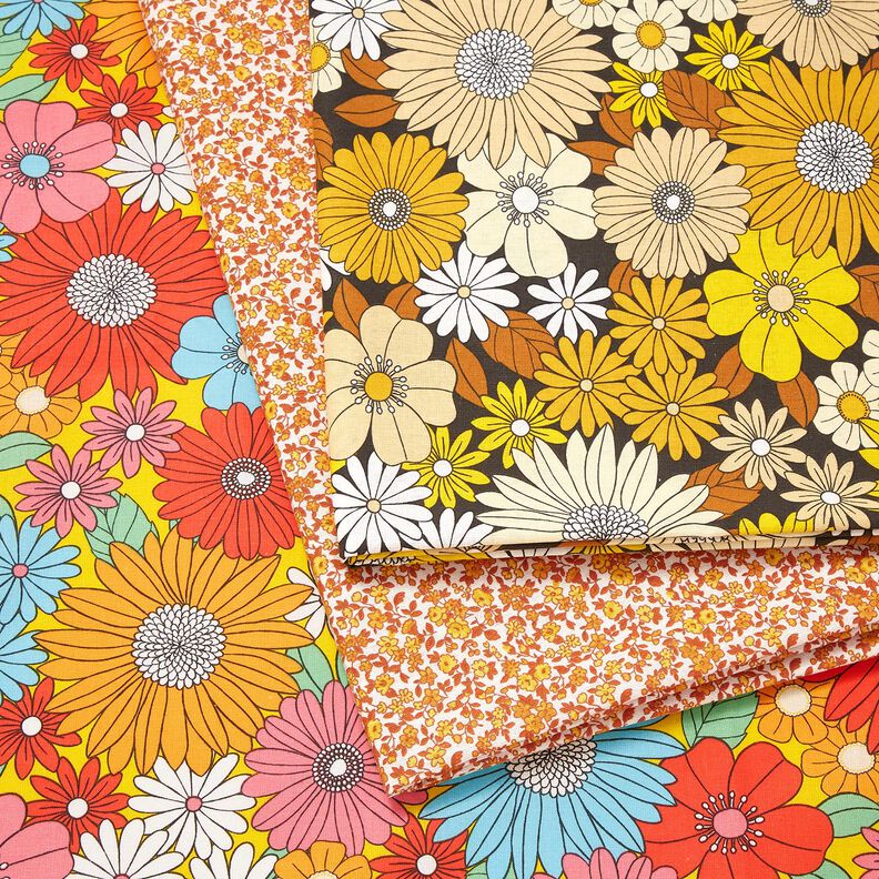 Baumwollstoff Cretonne große Retroblumen – türkis/sonnengelb,  image number 5