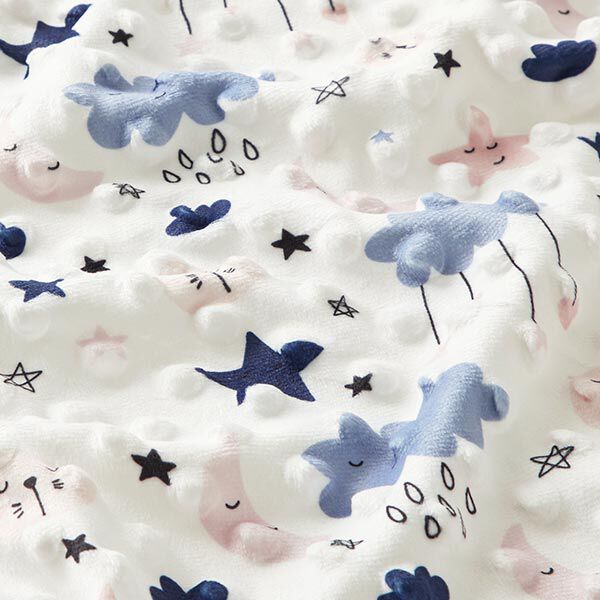 Kuschelfleece geprägte Punkte Mond und Sterne – weiss/blau – Muster, image number 2