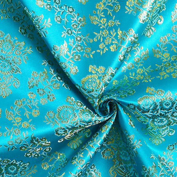 Bekleidungsjacquard Metallic Blumen – türkis/gold | Reststück 50cm