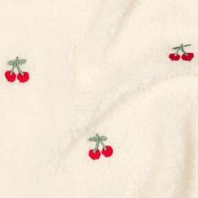 Teddyplüsch bestickte Kirschen | Poppy Fabrics – elfenbein/chili, 