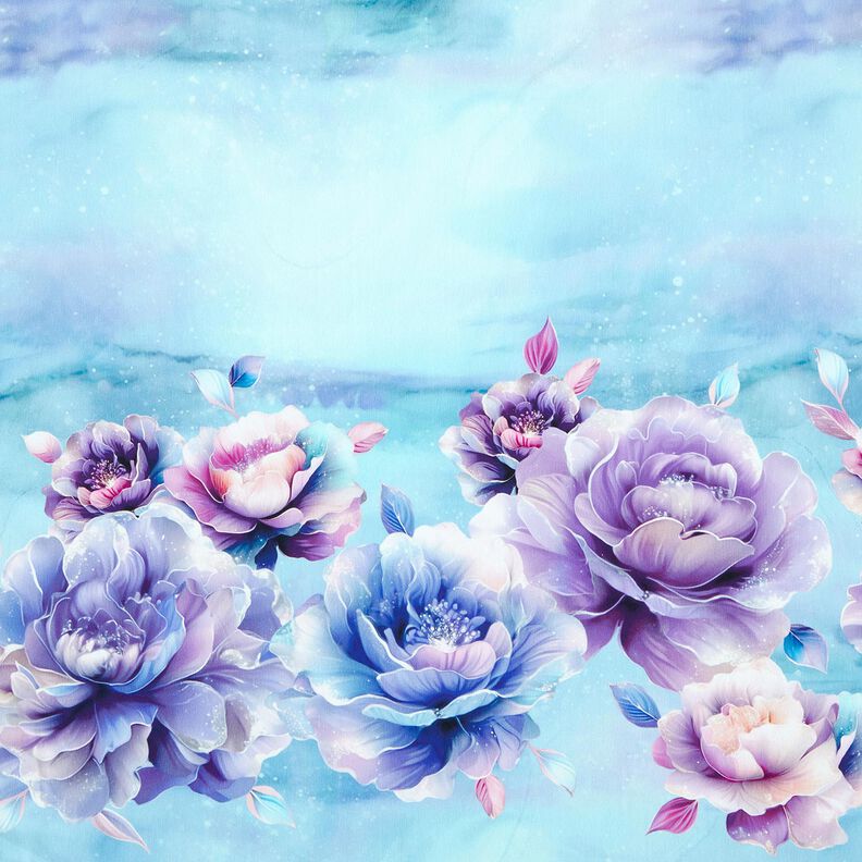 Baumwolljersey Summertime Blossoms | Glitzerpüppi – himmelblau/lavendel, image number 1