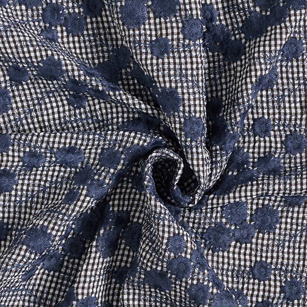 Polyesterstoff Crashed Karo mit Blumenstickerei – marineblau/weiss | Reststück 100cm