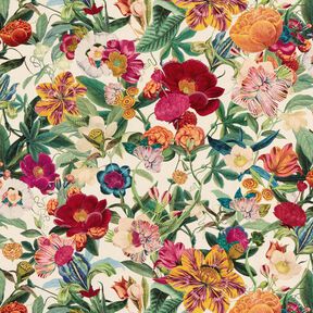 Dekostoff Halbpanama prachtvolle Blumen – natur/purpur, 