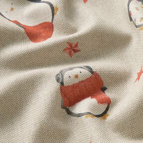 Dekostoff Halbpanama festliche Pinguine – natur/karminrot, 