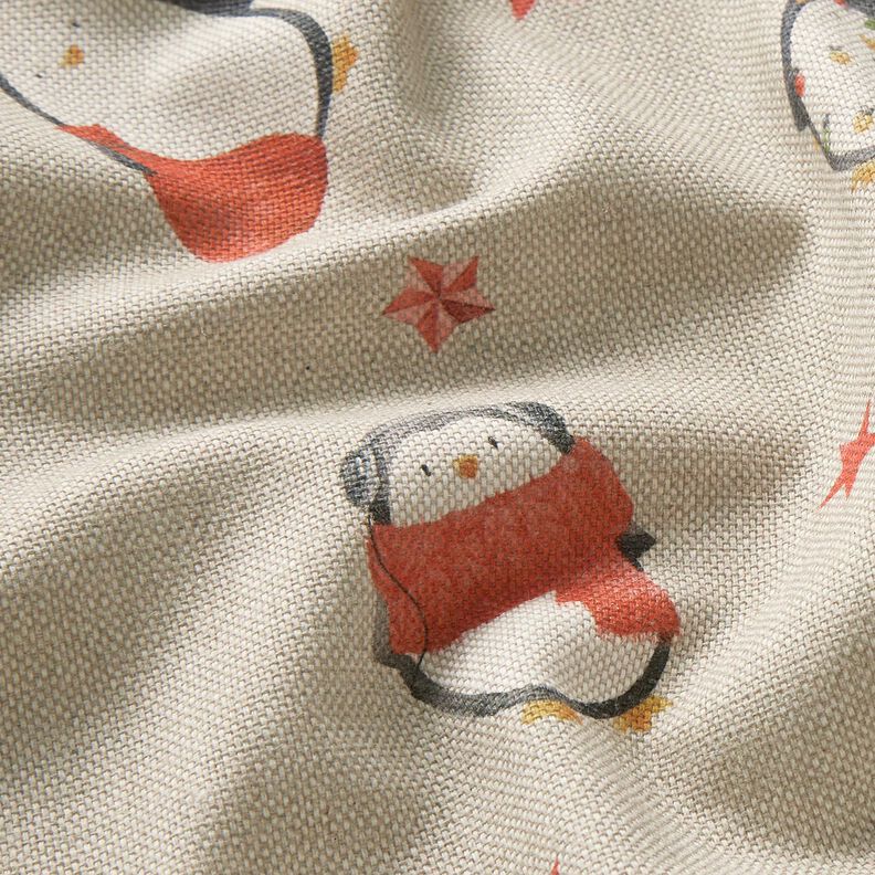 Dekostoff Halbpanama festliche Pinguine – natur/karminrot, image number 2