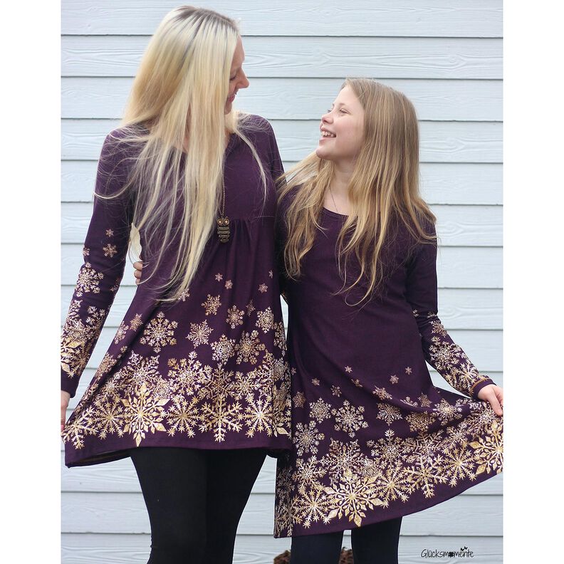 French Terry Sommersweat Eisblumen Bordürenstoff | Glitzerpüppi – aubergine/altgold, image number 6