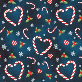 French Terry Sommersweat Candy Cane Herzen | Glitzerpüppi – nachtblau/chili, 