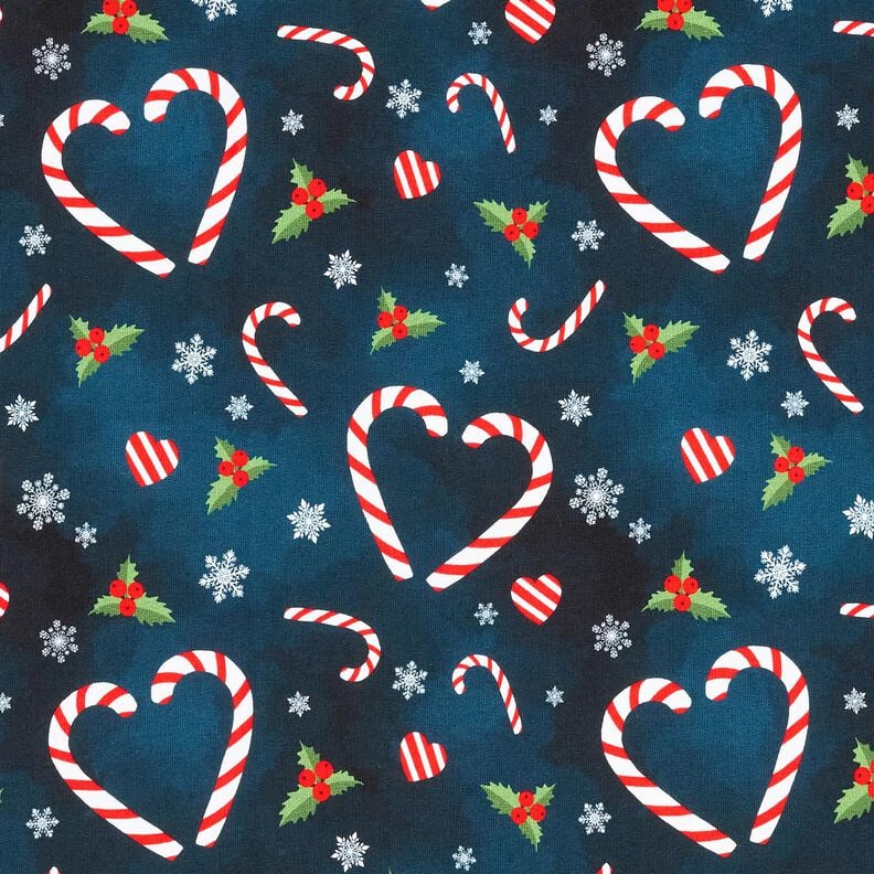 French Terry Sommersweat Candy Cane Herzen | Glitzerpüppi – nachtblau/chili, image number 1