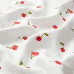 Musselin/ Doppel-Krinkel Gewebe gestickte Kirschen | Poppy Fabrics – weiss/feuerrot, 