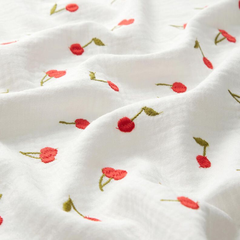 Musselin/ Doppel-Krinkel Gewebe gestickte Kirschen | Poppy Fabrics – weiss/feuerrot,  image number 2