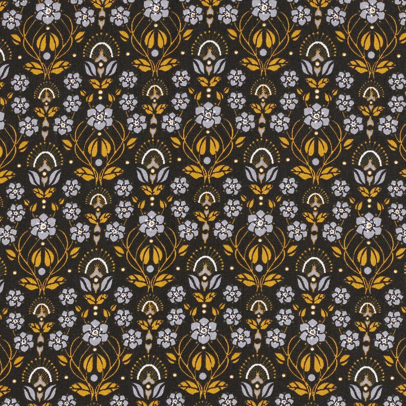 Baumwollstoff Cretonne rankende Blümchen – schwarz/currygelb, image number 1