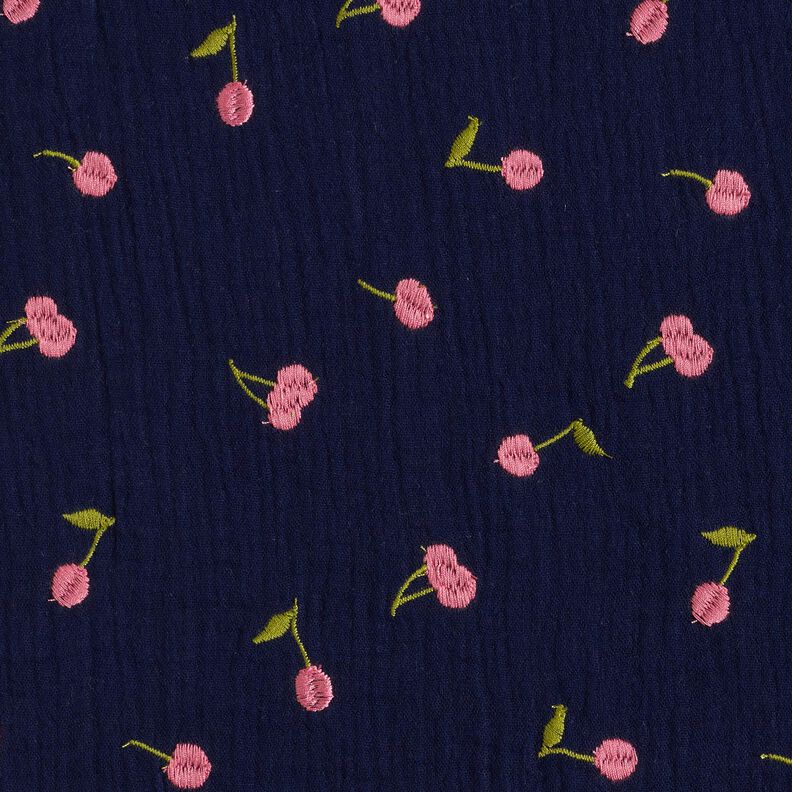 Musselin/ Doppel-Krinkel Gewebe gestickte Kirschen | Poppy Fabrics – nachtblau/rosa,  image number 1