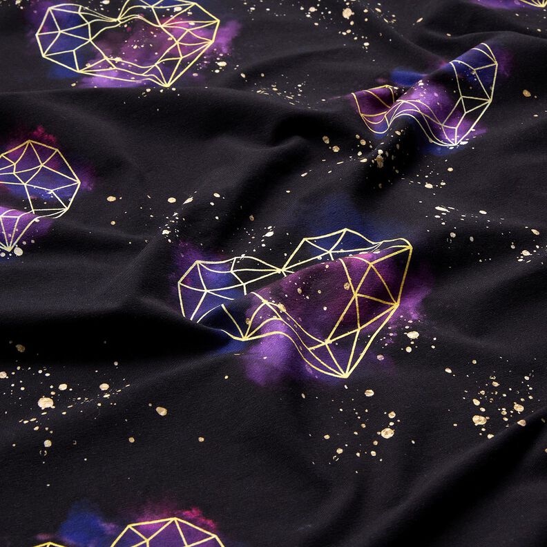 Baumwolljersey Origamiherzen mit Goldsprenkeln | Glitzerpüppi – schwarz/lila,  image number 2