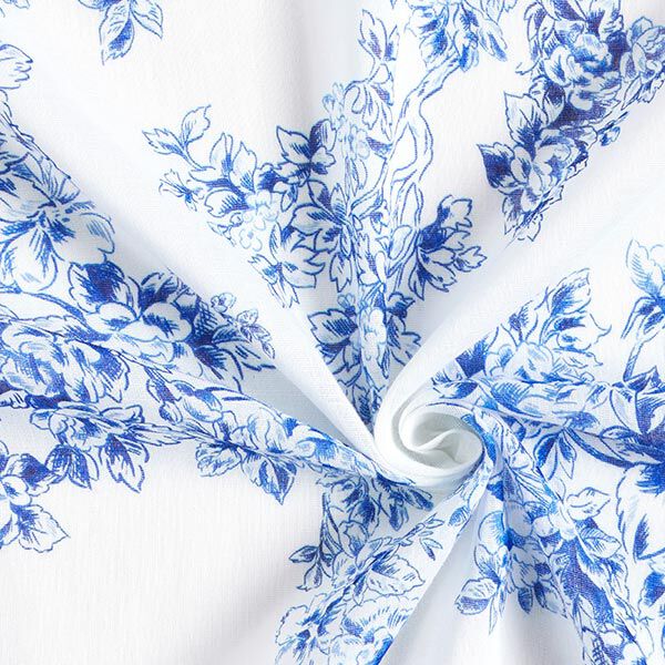 Baumwoll Voile gemalte Blumen – weiss/blau