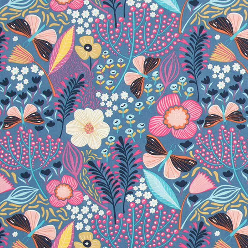Baumwollstoff Cretonne Schmetterlinge und Blüten – blaugrau/pink,  image number 1