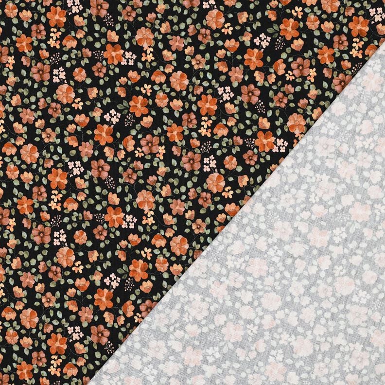 GOTS Baumwolljersey Herbstblumen Digitaldruck – schwarz/pfirsichorange, image number 3