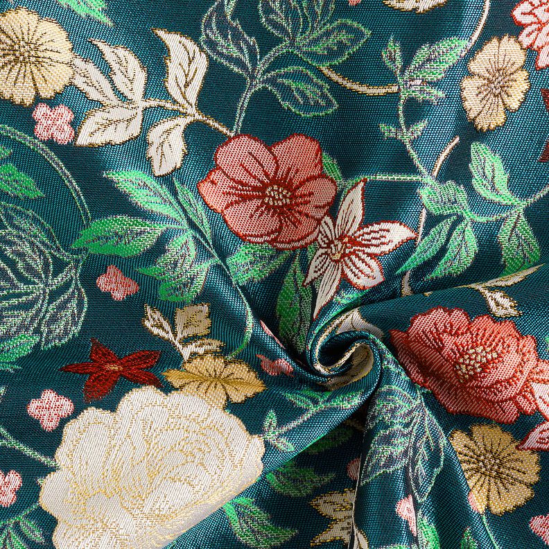 Dekostoff Jacquard Vintage Blumen – petrol/dunkelrot,  image number 3