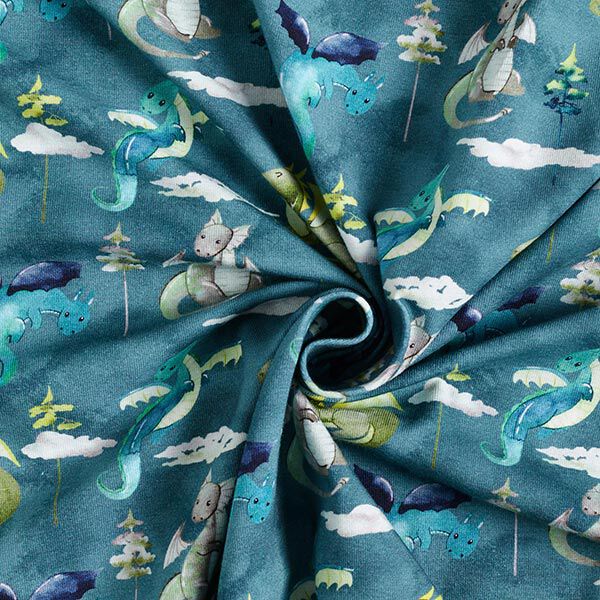 Baumwolljersey Aquarell-Drachen Digitaldruck – ozeanblau | Reststück 50cm