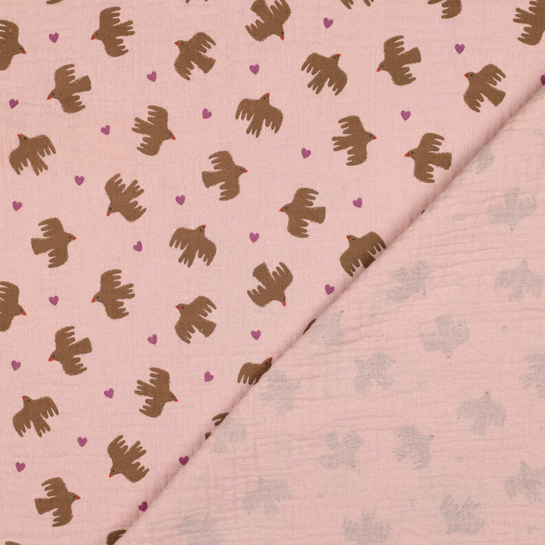 GOTS Musselin/ Doppel-Krinkel Gewebe Vögel und Herzen | Poppy Fabrics – altrosa, image number 5