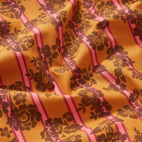 Baumwollstoff Cretonne Blumen auf Streifen – currygelb/purpur, 