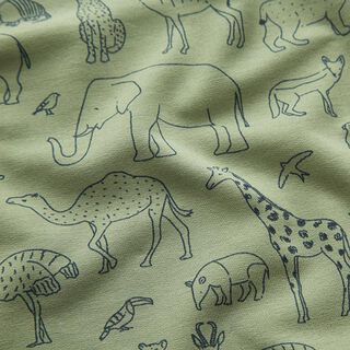 French Terry Sommersweat gezeichnete Safari-Tiere – hellkhaki, 