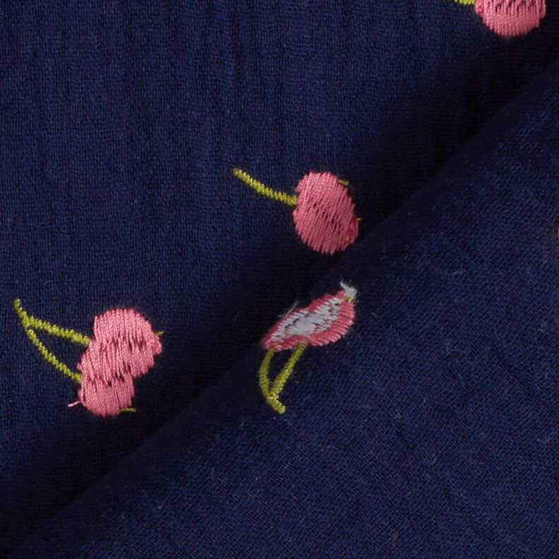 Musselin/ Doppel-Krinkel Gewebe gestickte Kirschen | Poppy Fabrics – nachtblau/rosa,  image number 4