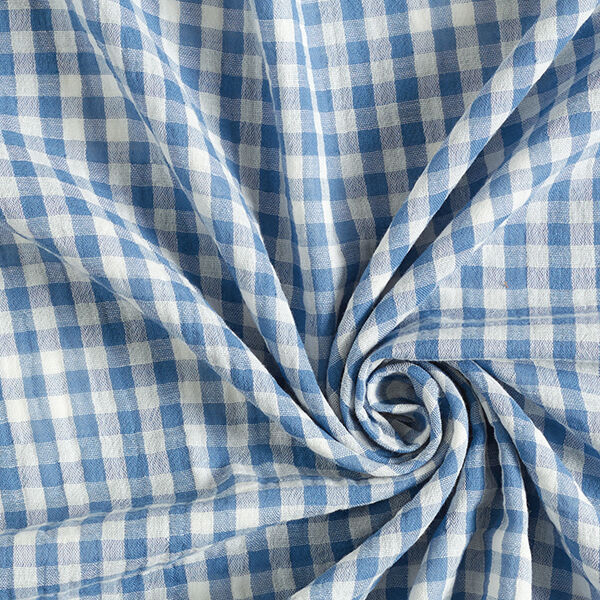 Musselin/ Doppel-Krinkel Gewebe Karomuster groß und klein Doubleface – wollweiss/jeansblau | Reststück 50cm