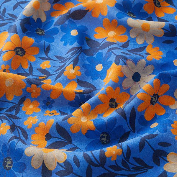 Viskosestoff ausdrucksvolle Blumen – königsblau | Reststück 50cm