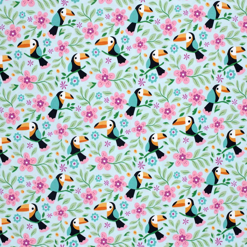 Baumwolljersey Tukane im Blumen-Dschungel – babyblau/orange,  image number 1