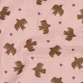 GOTS Musselin/ Doppel-Krinkel Gewebe Vögel und Herzen | Poppy Fabrics – altrosa, 