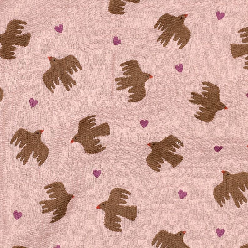 GOTS Musselin/ Doppel-Krinkel Gewebe Vögel und Herzen | Poppy Fabrics – altrosa, image number 3