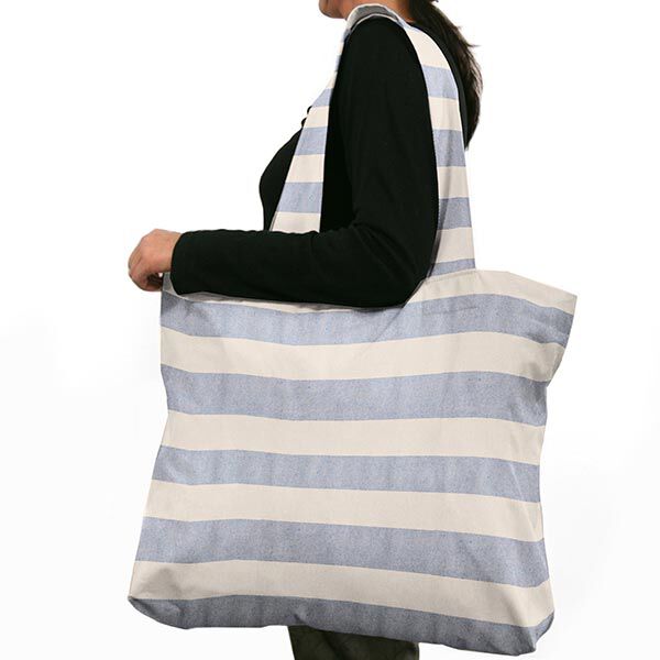 Dekostoff Halbpanama breite Querstreifen – blau/natur | Reststück 50cm